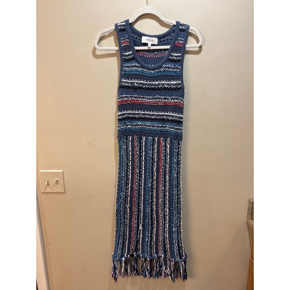 Derek Lam 10‎ Crosby Blue Multi Knit Fringe Sleeveless Midi Dress Small